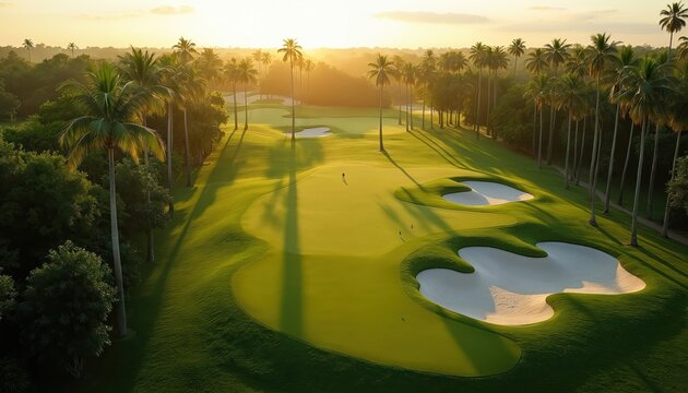Aerial view of lush green golf course during sunset. Palm trees line fairways and sand bunkers. A golfer plays on the putting green in soft golden light. - Powered by Adobe