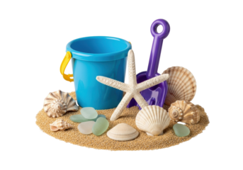 Azure blue bucket, purple spade, white starfish, natural seashells, and sea glass, meticulously arranged on golden sand with a transparent studio background, crisp commercial concept of summer