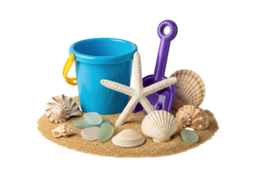 Azure blue bucket, purple spade, white starfish, natural seashells, and sea glass, meticulously arranged on golden sand with a transparent studio background, crisp commercial concept of summer