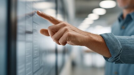Business manager reviewing interactive touchscreen interface for project milestones and progress tracking in a modern office environment
