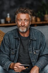 Obraz premium Happy middle-aged man in a denim jacket relaxing at home while holding a card