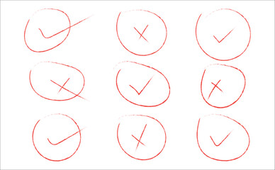 Hand Drawn Red Check Mark and Cross Mark Circle Set