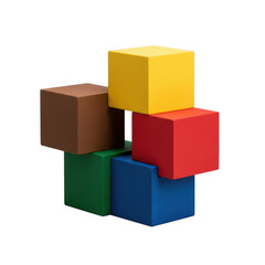 Obraz premium Five matte geometric building blocks (brown, yellow, green, blue, red) forming a minimalist sculpture, isolated on a transparent background with no shadows, commercial product photography concept.