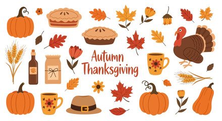 Elegant hand-drawn collection of autumn and Thanksgiving-themed illustrations in warm earthy tones. Includes pumpkins, turkey, wheat, leaves, pies, mugs, flowers, and harvest decorations.