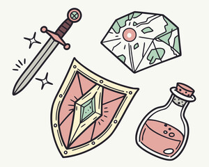 Illustration of sword, shield, potion, and crystal