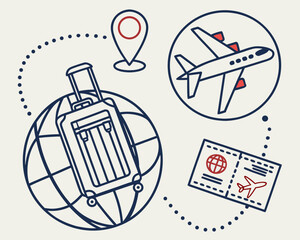 Illustration of travel elements including suitcase, airplane and ticket