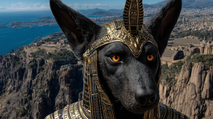 Fantasy portrait of a black dog in golden Egyptian armor with Anubis-like features, set against an ancient cliffside city.