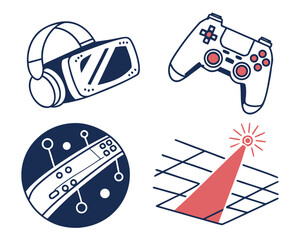Illustration of virtual reality headset, controller, and sensor technology