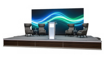 Presentation stage with podium and chairs isolated on transparent background