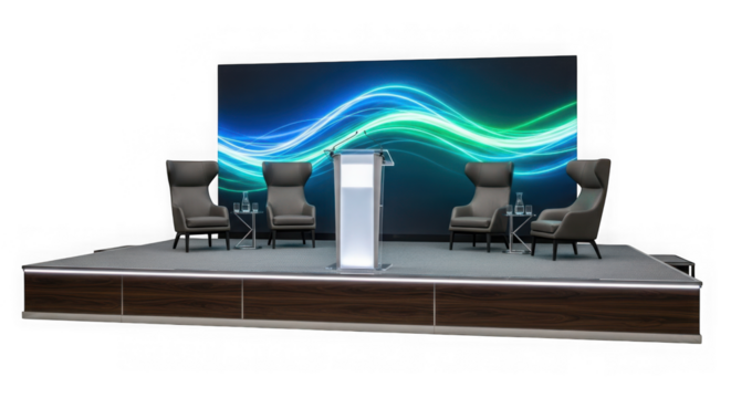 Presentation stage with podium and chairs isolated on transparent background