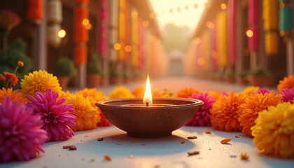 Clay oil lamp with bright flame sits among colorful orange marigold, pink dahlia flowers. Festive street background features hanging colorful fabric decorations, glowing lights. Warm scene