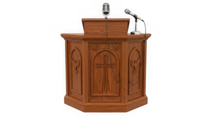 Ornate wooden pulpit with microphone isolated on transparent background