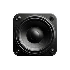 Glossy, square audio component, frontal perspective, isolated against black