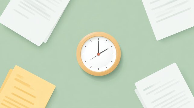 Modern Workspace Setup with Clock and Paper Documents on Green Background for Time Management and Productivity Themes