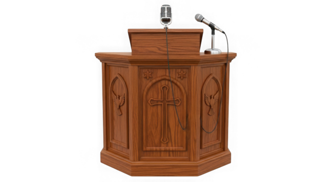 Ornate wooden pulpit with microphone isolated on transparent background