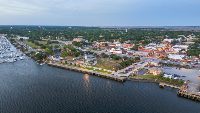 Aerial landscape of coastal downtown Brunswick city summer sunset in southeast coast of Georgia