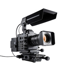 Large professional video camera with lens, viewfinder, and various controls