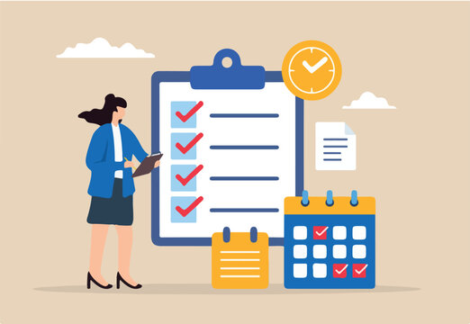 Flat illustration of woman event planner checking business checklist with calendar and note schedule management time planning
