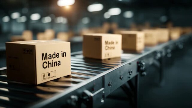 Conveyor Belt with Shipping Boxes in Factory