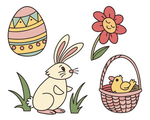 Easter bunny, egg, flower, and chick in basket