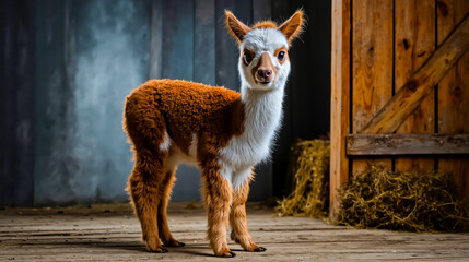 A baby llama with a white face and brown body stands in front of a wooden barn door