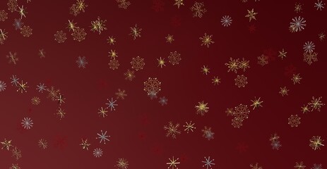 Abstract background featuring golden, silver, and red snowflakes on a deep red backdrop. Perfect for Christmas or winter holiday designs.