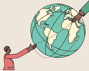 Illustration of global connection with two people reaching for a globe