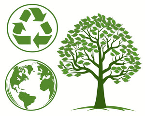 Illustration of recycling symbol, globe, and tree