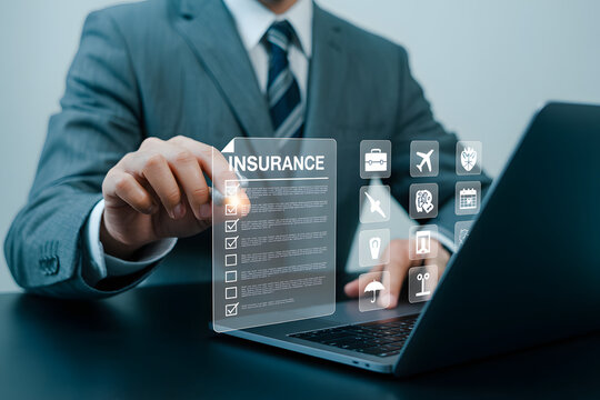 businessman using digital interface for online insurance services on laptop - Powered by Adobe