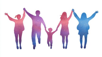 Colorful Silhouettes of Family Members Celebrating Together in Unity Against Starry Background for Joyful Family Moments and Connections