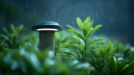 Illumination of Plants in a Garden Spotlight at Night with Soft Focus and Gentle Rain Drops Enhancing the Atmosphere of Tranquility