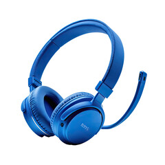 Bright blue over-ear headset with a microphone, rendered against a black backdrop