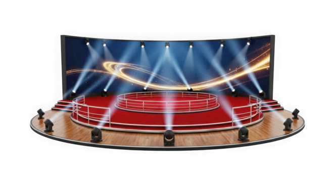 Modern stage with spotlights and circular platform isolated on transparent background