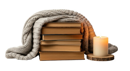 Stacked books, cozy blanket, lit candle. Autumnal, warm feeling