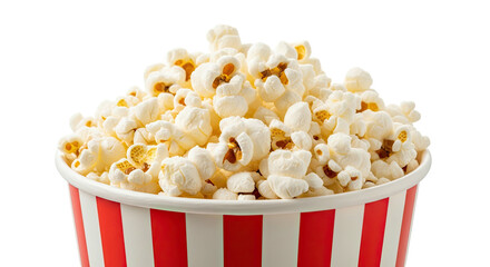 Close-up of a filled red-striped bucket containing freshly made popcorn