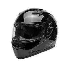 Glossy black motorcycle helmet with a clear visor, isolated against a dark backdrop