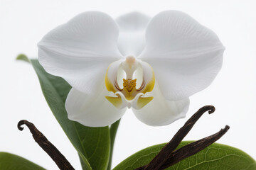 A pristine white orchid in full bloom with soft wavy petals and a bright yellow center, elegantly displayed above vibrant green leaves and dark brown vanilla bean pods on a clean white background.