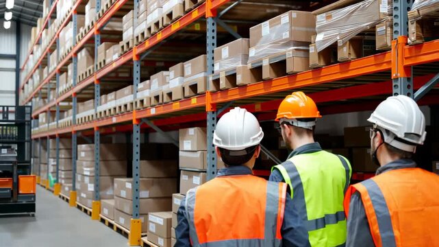 Workers in safety gear inspect warehouse shelves for inventory management and organization during a busy workday in the storage area