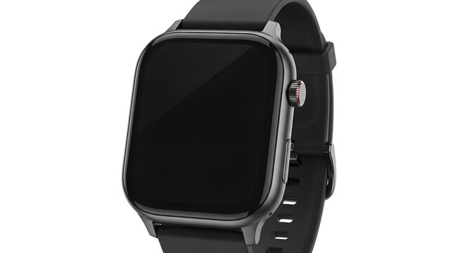 Modern smartwatch with black strap and blank dark screen for technology product mockup and advertising isolated PNG with Transparent Background
