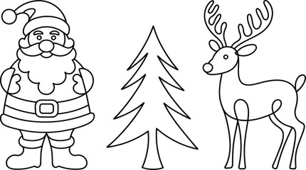 Whimsical holiday scene with Santa, reindeer, and decorated Christmas tree in line art style