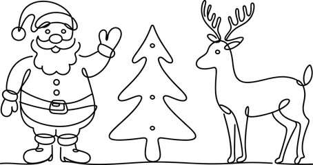 Festive Christmas line art of Santa waving with a holiday tree and friendly reindeer for creative projects