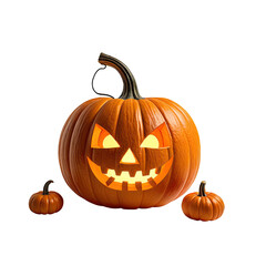 A carved Halloween pumpkin with glowing eyes, nose, mouth; two small pumpkins