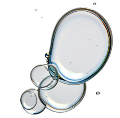 Close-up of transparent, iridescent liquid droplets against black background