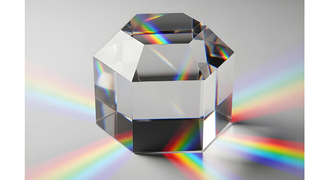 Hexagonal glass prism demonstrating light refraction and dispersion of rainbow colors isolated PNG with Transparent Background