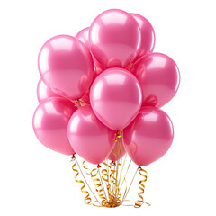 Bunch of bright pink balloons tied with gold ribbons, floating elegantly