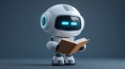Cute robot studying with an open book, glowing eyes, against a soft background in a modern educational setting for futuristic scenarios