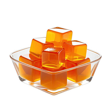 Transparent, amber-colored cubes of gelatinous substance in a clear glass bowl