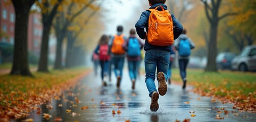 Students run in the rain with backpacks. Autumn weather with yellow leaves. Kids hurry to school at rainy day. Back to school season. Puddles and splash on wet street.