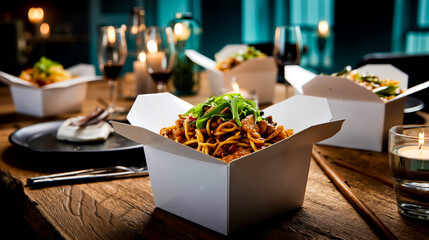 A close-up of a white takeout container filled with noodles and greens placed on a wooden table with candles and wine glasses