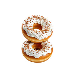 Stacked glazed donuts with frosting and sprinkle-like toppings against a black background